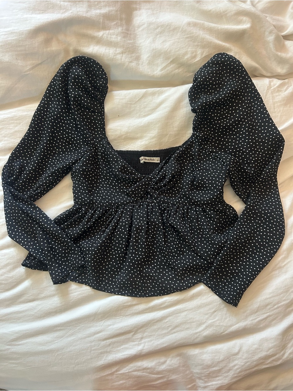 Abercrombie & Fitch Black Polka Dot Puff Sleeve Peplum Blouse